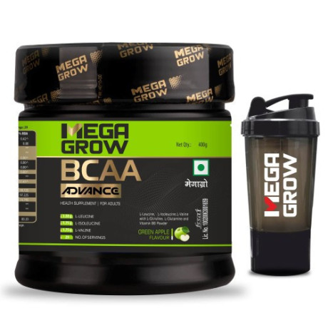 megagrow-bcaa-advance-supplement-powder-green-apple-flavor-with-shaker-zero-sugar-29-servings-400gm