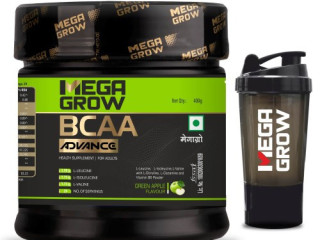 Megagrow BCAA Advance Supplement Powder Green Apple Flavor with Shaker - Zero Sugar | 29 Servings, 400gm