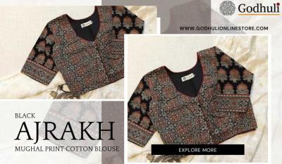 Shop the Black Ajrakh Mughal Print Cotton Blouse – Perfect for Any Occasion